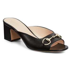 Gucci Lady Horsebit 55mm Black Leather Gold Logo Block Heel Mule Sandal 37.5